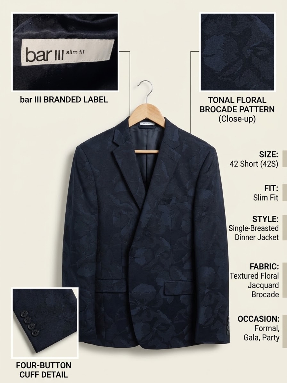 Bar III Navy Tonal Floral Brocade Slim Dinner Jacket